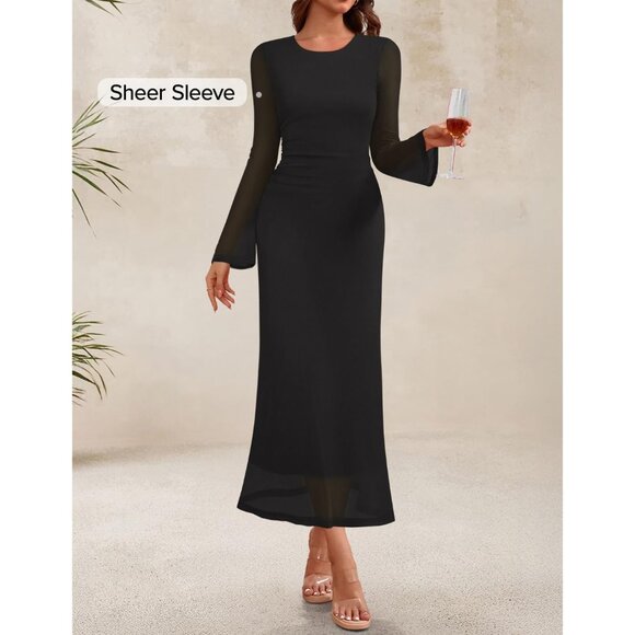 Zesica Women's Solid BlackRuched Mesh Long Sleeve Floral Cocktail Bodycon Dress - Picture 2 of 6